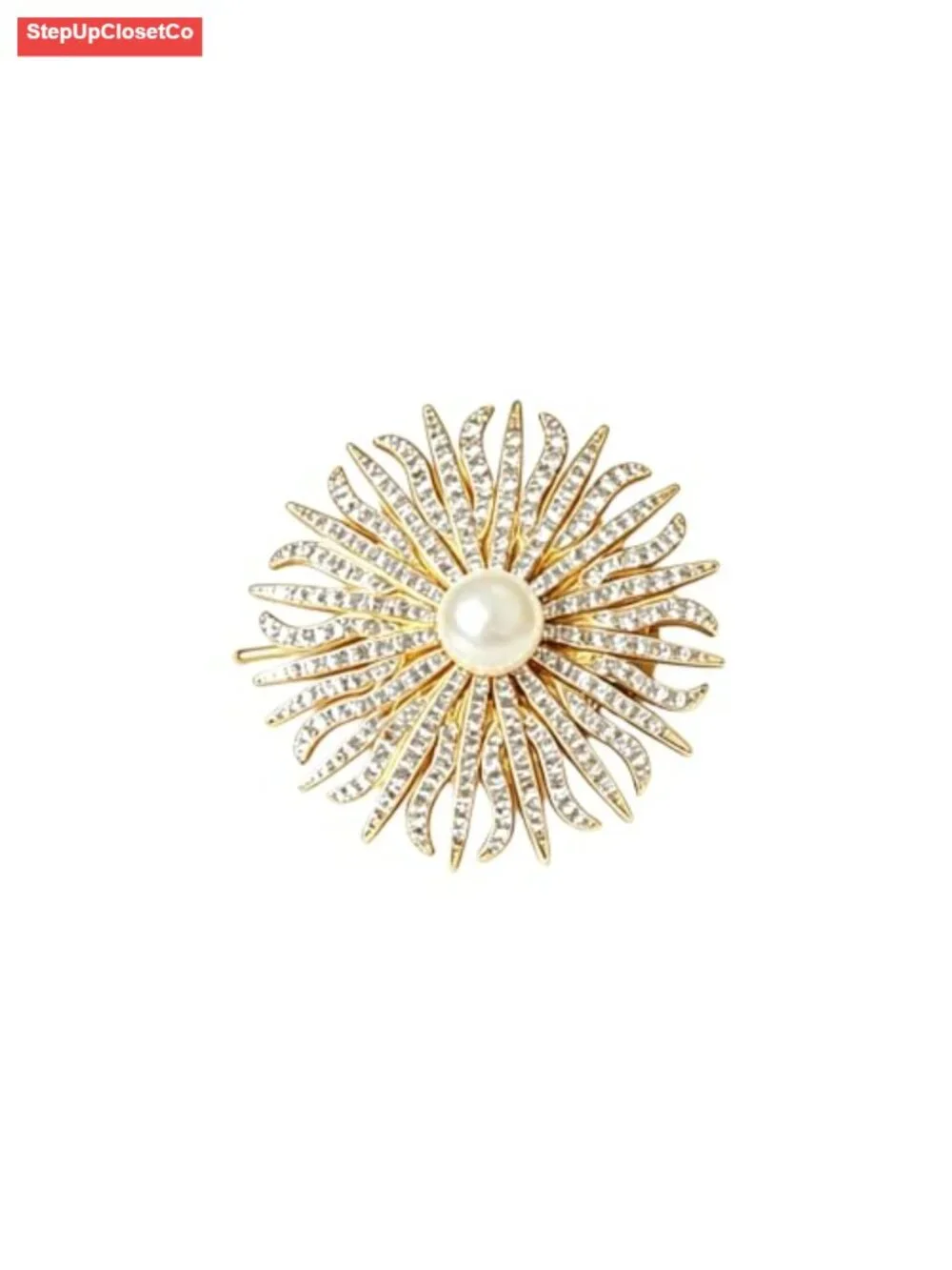 Vintage Pearl Brooch Rhinestone Sunflower Starburst Lapel Scarf Pin Women